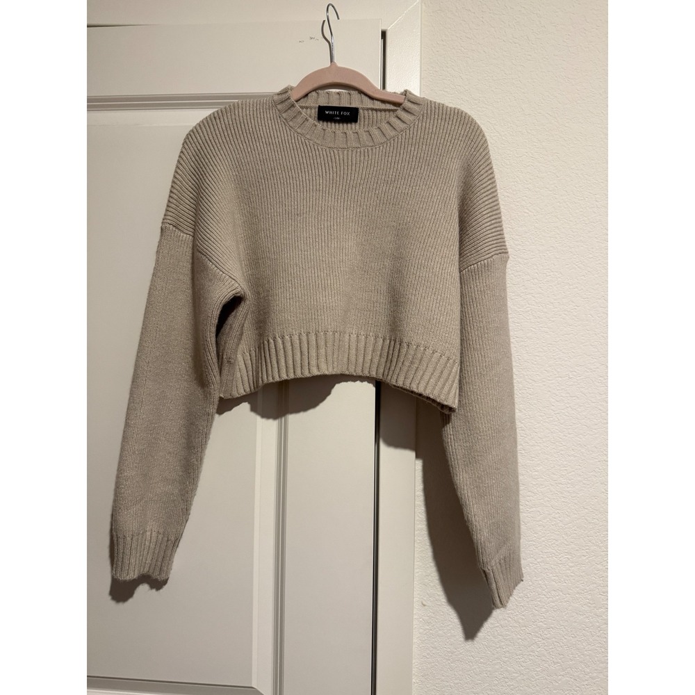 White Fox Boutique Oatmeal Beige Cropped Ribbed Knit Crewneck Sweater S/M